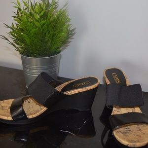 EUC black slide on wedge sandals
